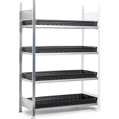 DENIOS Regál pre malé nádoby, nadstavné pole, 4x záchytná vaňa z plastu, 1312 x 437 x 2000 mm