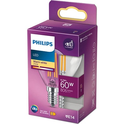 Philips 8718699762292 LED žárovka 1x6,5W E14 806lm 2700K teplá bílá, čirá, EyeComfort