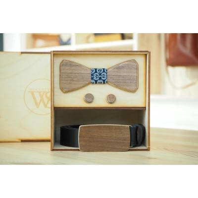 Wood Style Set Hranatý WS Modrotisk opasek motýlek a manžetové knoflíčky Hnědá Ořech americký