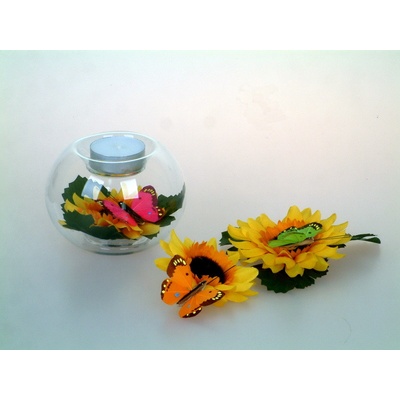DT GLASS Kulatý svícen - Slunečnice s motýlem