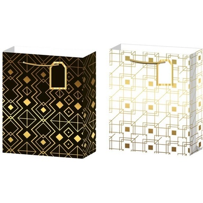 Darčeková taška geometrické tvary mix, biela, čierna, zlatá, 260x120x320 mm