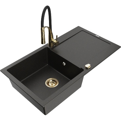 Mexen Leo мивка от гранит с 1 камера с дренаж и кухненски смесител Aster, черен/златен металик - 6501-75-73450-57-G (6501-75-73450-57-G)