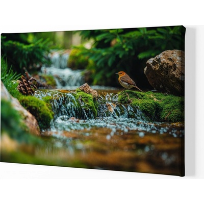 Obraz na plátně - Mechový vodopád s ptáčkem FeelHappy.cz Velikost obrazu (šířka x výška): 40 x 30 cm