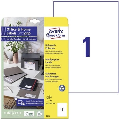 Avery-Zweckform 6125 etikety 210 x 297 mm papier biela 10 ks trvalé univerzálne etikety atrament, laser, kópie