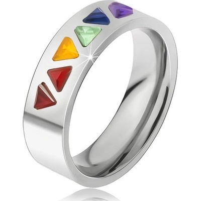 Šperky eshop lesklý prsten z oceli barevné trojúhelníkové kamínky BB14.07