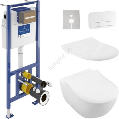 Villeroy & Boch Висяща тоалетна чиния + тоалетна седалка subway + бутон за смиване + модул за вграждане + подложка (setvb0192)