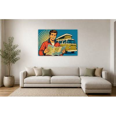 Obraz na plátně – Muž s mapou před obytným vozem 135 × 90 cm