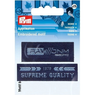 PRYM Nášivka štítek Surpreme Quality/Raw Denim, nažehlovací, modrá