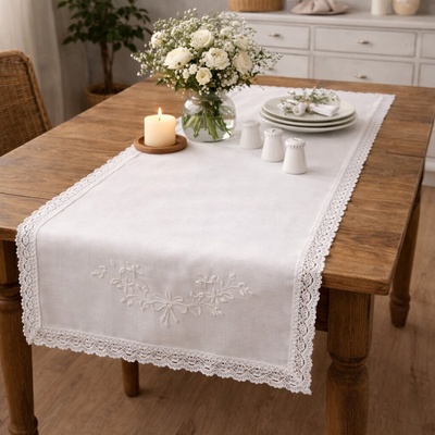 EVENIT Krajkový behúň - šerpa na stôl 052 biela s natur krajkou Polyester 45x140 cm