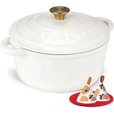 Overmont roasting pan enamel cast iron pot - casserole 28cm oven-safe - with lid and cookbook - for kitchen baking stewing roasting pearl white - 28CM-Enamel-Pearl
