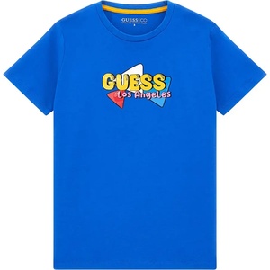 GUESS Синя тениска с къс ръкав за момче с малък цветен надпис Guess на лицевата част