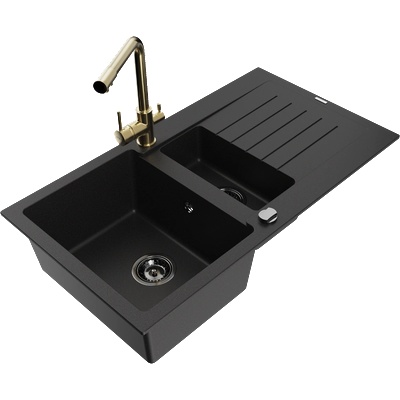 Mexen Matias гранитна мивка 1, 5-камерна с капковник и кухненски смесител Duero, черен - 6502-77-671600-50-B (6502-77-671600-50-B)