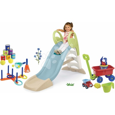 Smoby Set šmykľavka s vodnou dráhou a vozík na ťahanie s vedro setom Toboggan GM Slide Life dĺžka šmyku 150 cm a športová sada hier