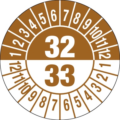 Kontrolná nálepka 32/33, hnedá, fólia samolepiaca, 30 mm, BJ = 5 x 15 ks