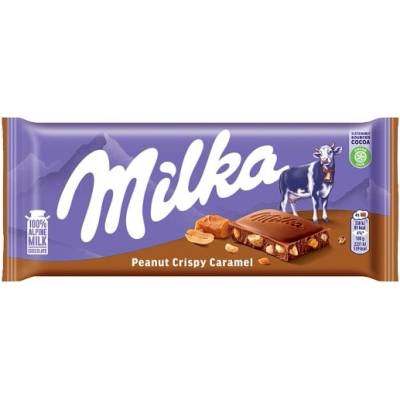 Milka Peanut Crispy Caramel čokoláda z alpského mlieka s arašidmi karamelom a chrumkami 90 g
