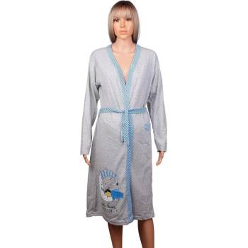 Сив халат за бременни с апликация и син кант на точки