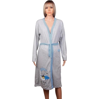 Сив халат за бременни с апликация и син кант на точки