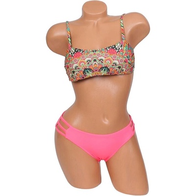 Дамски бански в неоново розово с цветен десен