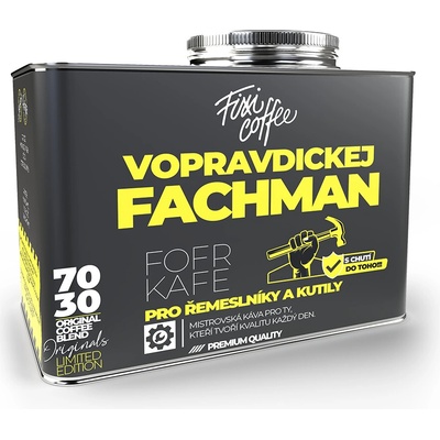 Fixi Coffee Fofr kafe Vopravdickej fachman směs výběrové kávy stylový plechový kanystr zrnková 250 g