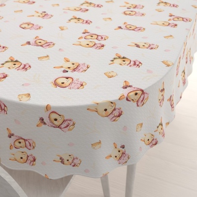 Biante Detský bavlna oválny obrus Sandra SA-538 Ružové zajačiky a vtáčiky na bielom 50x100 cm
