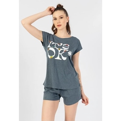 Лятна пижама в сиво-син цвят с голям надпис