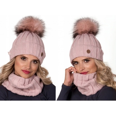 Fashionweek zimní set čepice s bambulí a šál pletený tunel ZIZI17 světle růžová