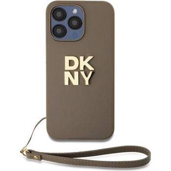 DKNY Stack Logo Wrist Strap Leather Hard Case - дизайнерски кожен кейс с връзка за носене за iPhone 15 Pro (бежов)