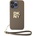 DKNY Stack Logo Wrist Strap Leather Hard Case - дизайнерски кожен кейс с връзка за носене за iPhone 15 Pro (бежов)