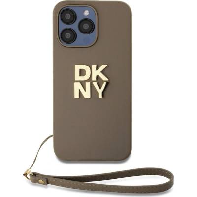 DKNY Stack Logo Wrist Strap Leather Hard Case - дизайнерски кожен кейс с връзка за носене за iPhone 15 Pro (бежов)
