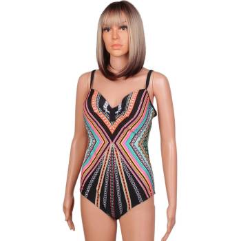 Цял бански в черно с цветни фигурални мотиви