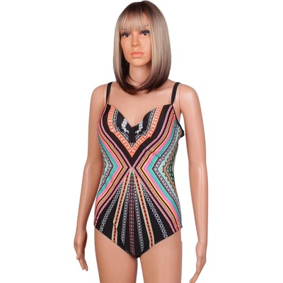 Цял бански в черно с цветни фигурални мотиви