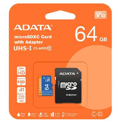 Карта памет 64GB microSDHC с адаптер, A-Data Premier V10 AUSDX64GUICL10A1-RA1, Class 10 UHS-I, скорост на четене до 100MB/s, скорост на запис до 25MB/s (AUSDX64GUICL10A1-RA1)