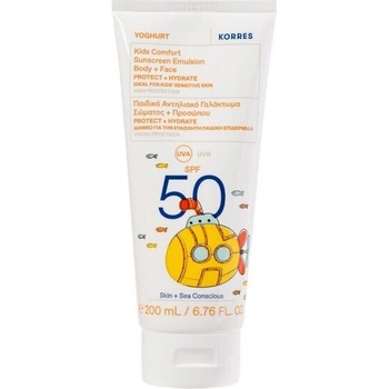 Image 1 of KORRES Нежен детски слънцезащитен крем с кисело мляко, Korres Yoghurt Kids Comfort Sunscreen Emulsion Body+Face SPF50 (200ml) - Kids Body & Face Sunscreen