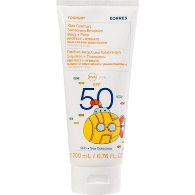 KORRES Нежен детски слънцезащитен крем с кисело мляко, Korres Yoghurt Kids Comfort Sunscreen Emulsion Body+Face SPF50 (200ml) - Kids Body & Face Sunscreen