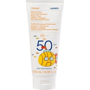 KORRES Нежен детски слънцезащитен крем с кисело мляко, Korres Yoghurt Kids Comfort Sunscreen Emulsion Body+Face SPF50 (200ml) - Kids Body & Face Sunscreen