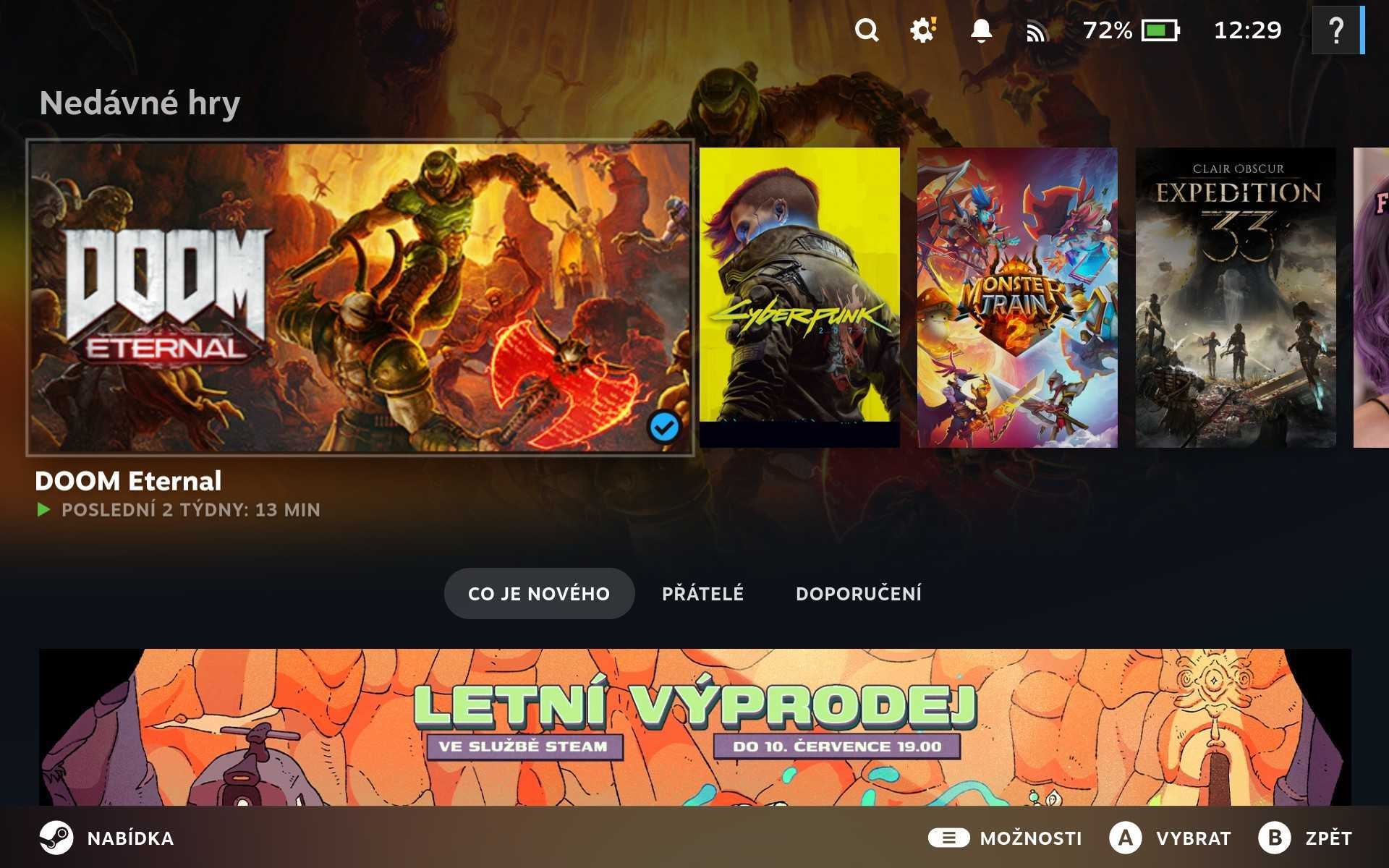 Domovská obrazovka SteamOS v konzole Lenovo LEGION Go S