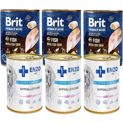 Brit Premium by Nature Fish with Fish Skin 3 x 800 g & Enzo Vet hypoalergénne krmivo s králikom 3 x 400 g
