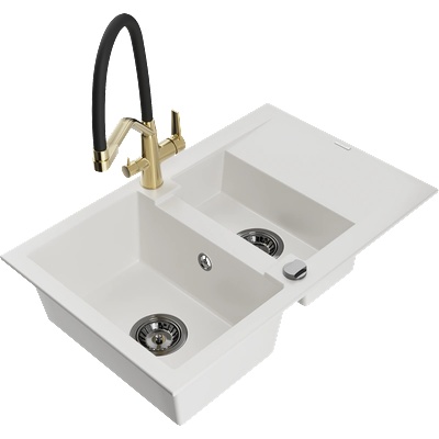 Mexen Gaspar кухненска мивка от гранит с 1, 5 камери и отцедник с кухненски кран Duo, бял - 6507-20-671701-57-B (6507-20-671701-57-B)