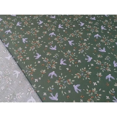 Bavlněná látka Ptáci khaki šíře 150 cm
