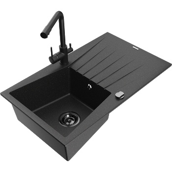 Mexen Cesar Гранитна мивка с 1 отделение и сушилна и кухненски смесител Duero, черен/сребрист металик - 6514-73-671600-70-B (6514-73-671600-70-B)