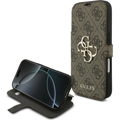 GUESS Калъф с метално лого Guess Book 4G за iPhone 17 Pro - кафяв