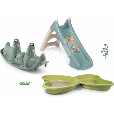 Smoby Set šmykľavka s vlhčením a pieskovisko s vodotryskom Zvieratká XS Slide Little dĺžka šmyku 90 cm a obojstranná hojdačka