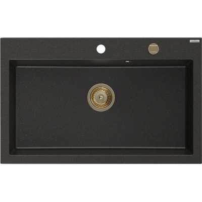 Mexen Elix гранитна мивка с 1 отделение 800 x 500 mm, черен/златист металик, златист сифон - 6527801005-75-G (6527801005-75-G)