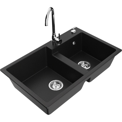 Mexen Tomas двукоморна гранитна мивка с кухненски смесител Telma, черен - 6516-77-670200-00 (6516-77-670200-00)