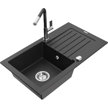 Mexen Pablo гранитна мивка с 1 отделение с отцедник и кухненски смесител Flora, черно/сребрист металик - 6510-73-670401-07 (6510-73-670401-07)
