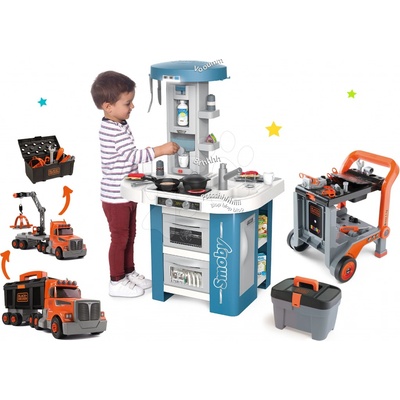 Smoby Set kuchynka s technickým vybavením Tech Edition elektronická s Black&Decker kamiónom a pracovný vozík s náradím