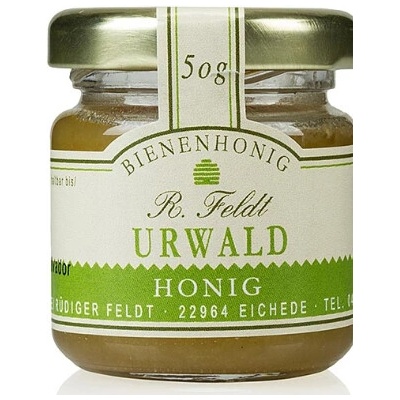 Rüdiger Feldt Imkerei + Bienenprodukte Med z pralesa tekutý až krémový sladce aromatický porcovaný ve sklenici 50 g