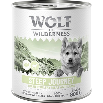Wolf of Wilderness 6x800г Steep Journey Junior Wolf of Wilderness, консервирана храна за кучета - птиче месо с агнешко, без зърно