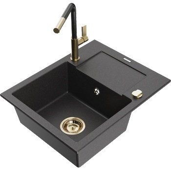 Mexen Enzo гранитна мивка с 1 корито, с отцедник и кухненски смесител Flora, черен на пръски - 6506-76-670401-75-G (6506-76-670401-75-G)