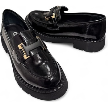 GNStyle Дамски мокасини тип лоуфър в черен естествен лак с нежен и красив дизайнерски аксесоар